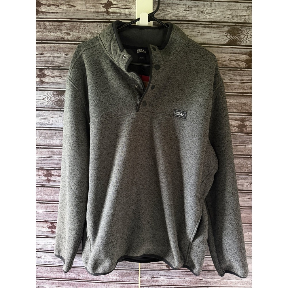 Eddie Bauer Men's Sweater Fleece Gray Snap Mock Neck Pockets Logo NWT